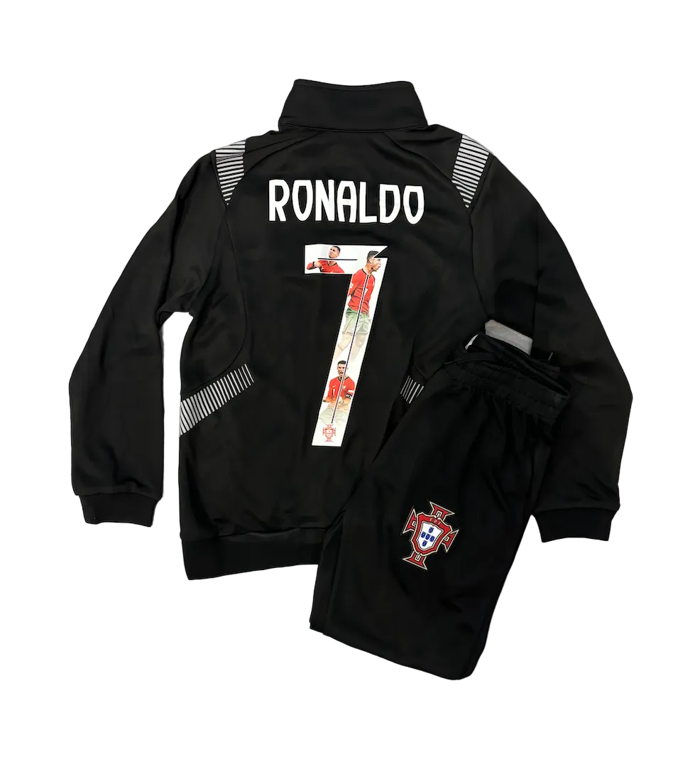 Cristiano Ronaldo Portugal Black Picture Kids Zip Up Tracksuit Warm Up