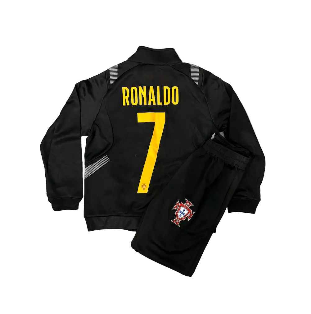 Cristiano Ronaldo Portugal Black and Gold Kids Zip Up Tracksuit Warm Up