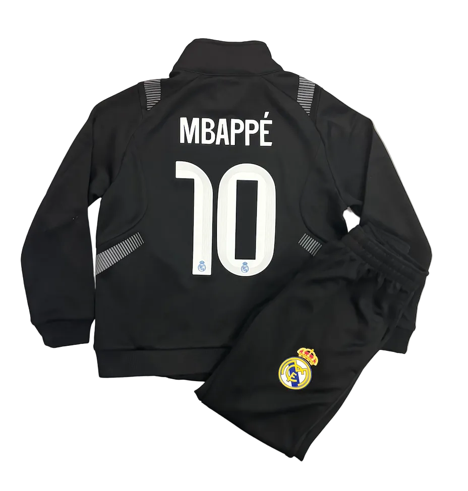 Kylian Mbappe Real Madrid Black Kids Zip Up Tracksuit Warm Up