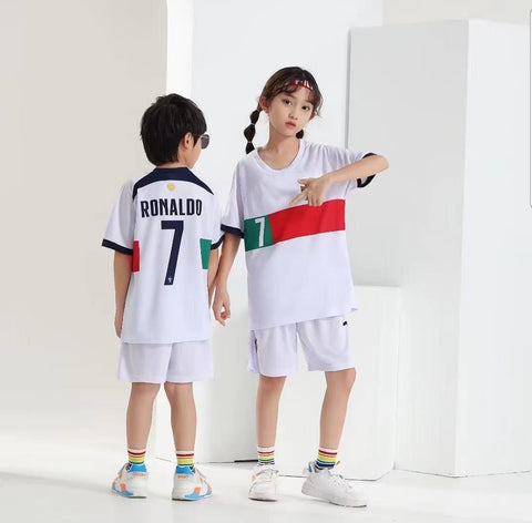 Kids Portugal Ronaldo White Away Premium Soccer Uniform 2023